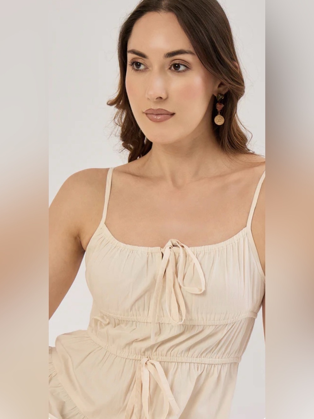 NWOT SIM & SAM ECRU TIE FRONT MILKMAID POPLIN MIDI CREAM COLOR SIDE POCKETS SZ S - Picture 3 of 9